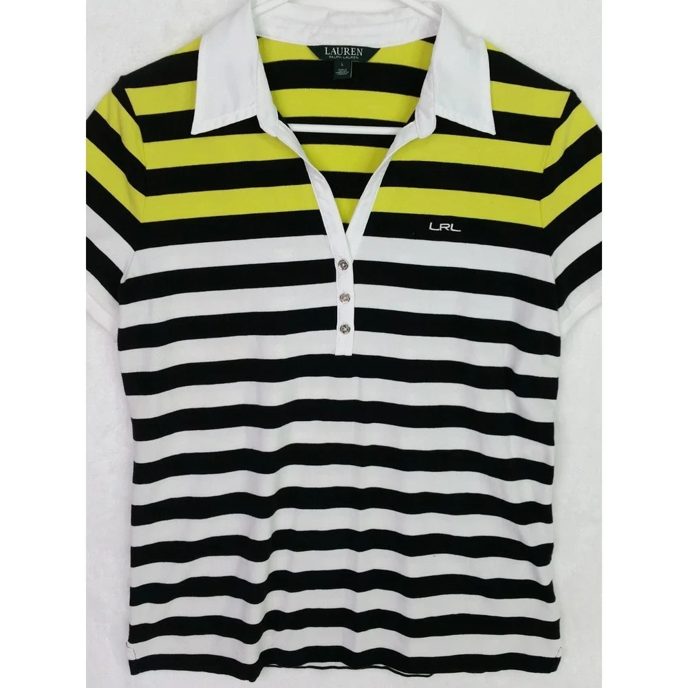 Women's Vintage Y2K Ralph Lauren Striped Polo Shirt Top Sz L Large Black Yellow